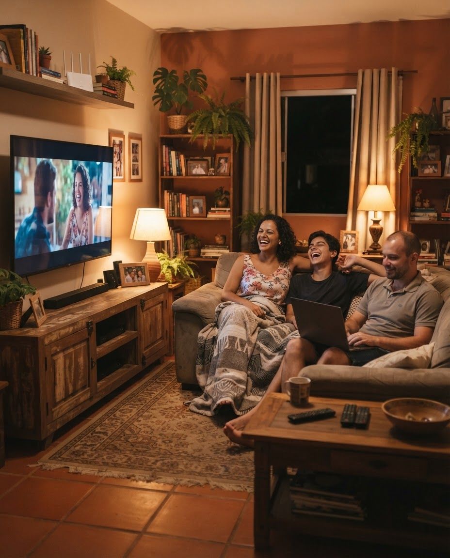 Família reunida em casa usando a internet, com a Witrix em Formoso